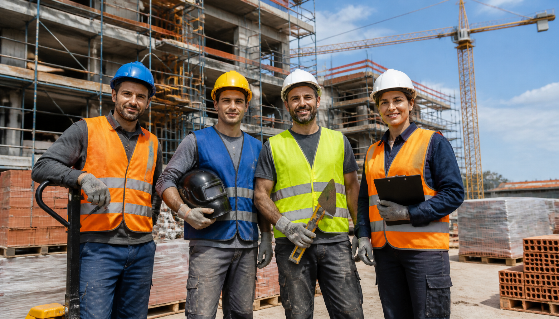 Équipe sur un chantier de construction : conductrice de travaux, maçon et manutentionnaires en EPI